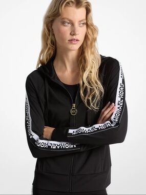 Michael Kors Logo Tape Stretch Viscose Zip Hoodie Black White XS NWT